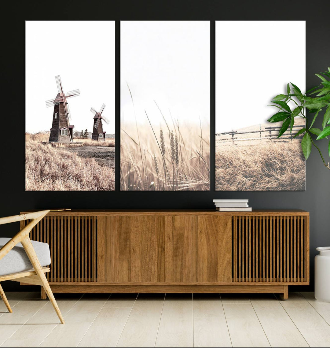 Farmhouse wall art set: 3 giclee canvas prints featuring windmills and wheat fields.