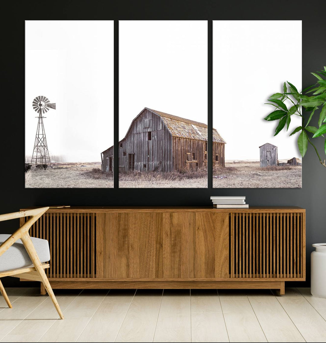 The Set of 3 Rustic Farmhouse Wall Art Prints features a barn, wheat field, and landscape.