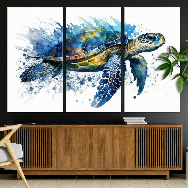 The Turtle Wall Art Print, featuring blue splashes, beautifully showcases Ocean Life.