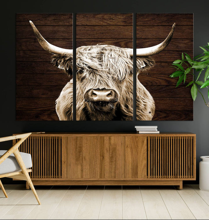 Highland Cow Wall Art Canvas Print, Rustic Farmhouse Decor, Majestic Scottish Highland Bull Portrait for Living Room – Ready to Hang