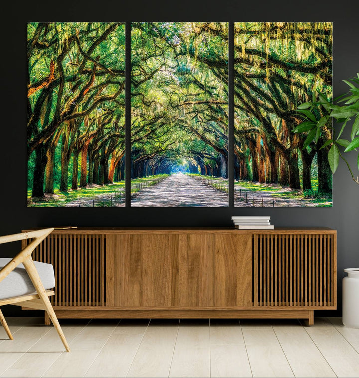 Serene Tree Tunnel Wall Art Canvas Print – Pathway Under Canopy of Lush Green Trees, Nature-Inspired Decor for Living Room – Ready to Hang