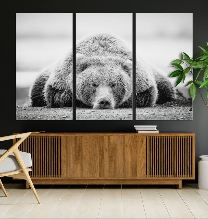 Resting Bear Wall Art Canvas Print – Majestic Lazy Black and White Wildlife Bear Art, Perfect for Nature-Inspired Home Decor – Ready to Hang