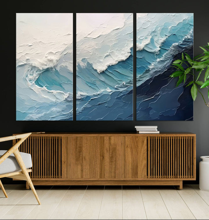 The Blue Abstract Wave Ocean Wall Art Canvas Print hangs prominently.