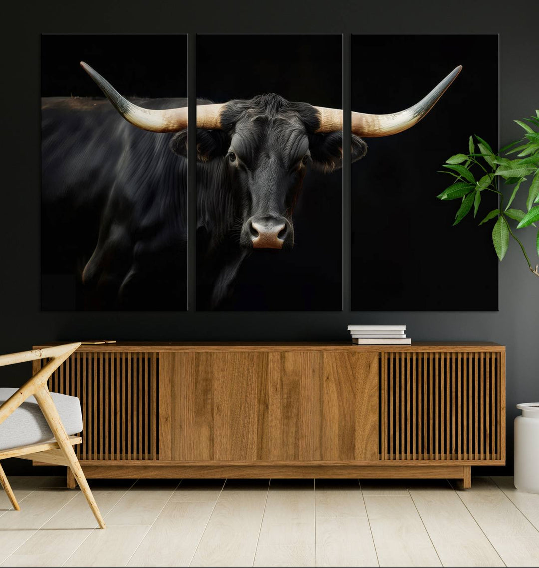 Texas Longhorn Cow | Majestic Black Bull Wall Art Canvas Print - Farmhouse Animal Decor - Ready to Hang