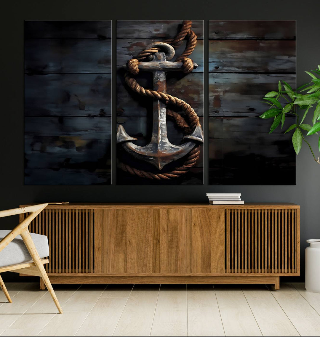 The wooden wall displays a 3 Panel Grunge Abstract Anchor Wall Art Canvas Print Set.