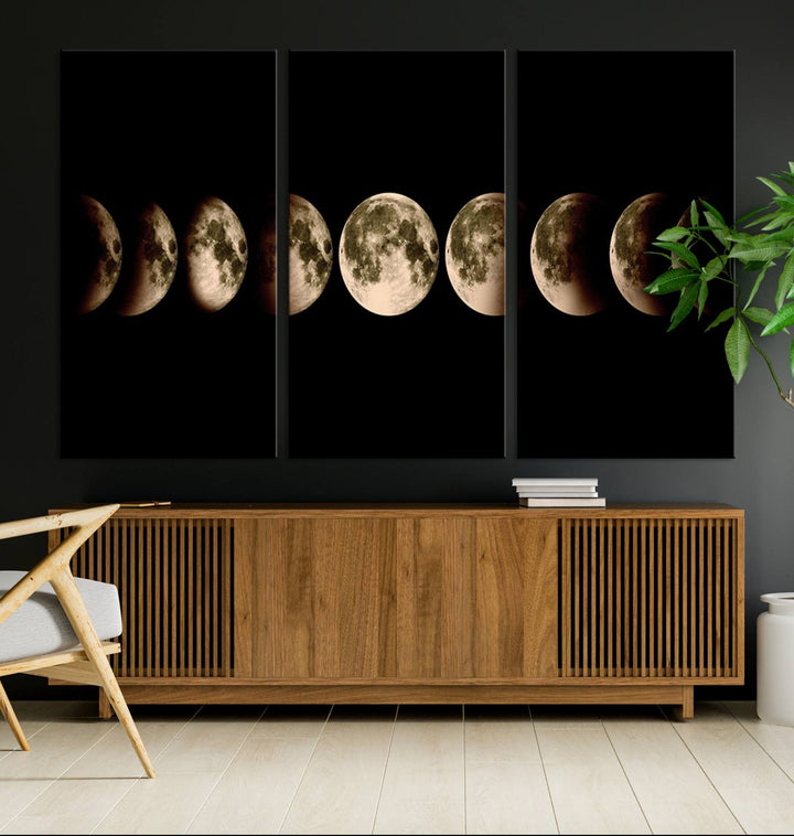 The "Phases of the Moon Wall Art" canvas print elegantly hangs on the wall.