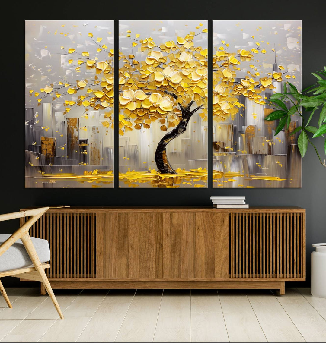 A framed canvas print from the "Golden Tree Canvas Print | Abstract Wall Art for Modern Homes | Ready to Hang Framed Artwork" collection hangs elegantly against the dark wall, epitomizing exquisite abstract wall art.