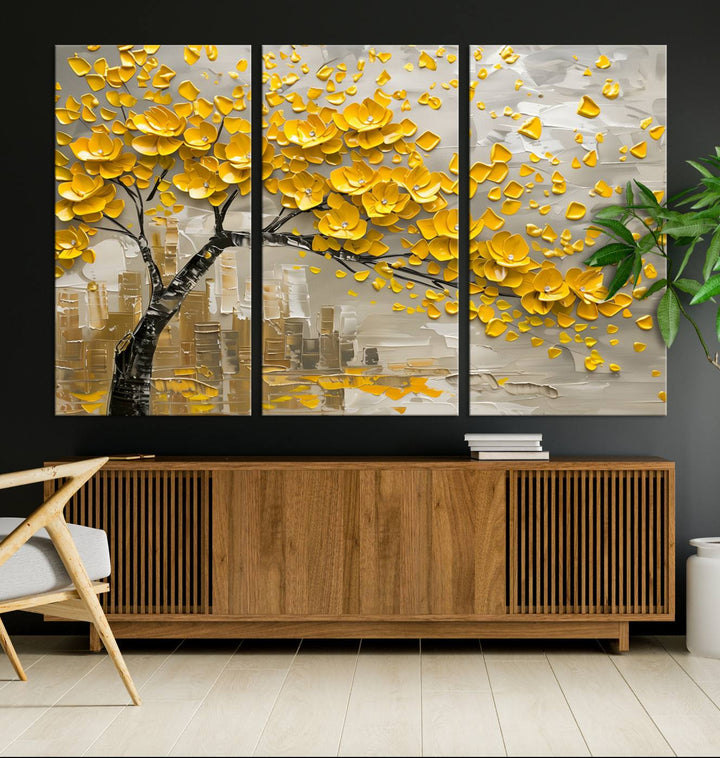 The living room showcases a Yellow Blossom Tree Canvas Wall Art, modern and floral.