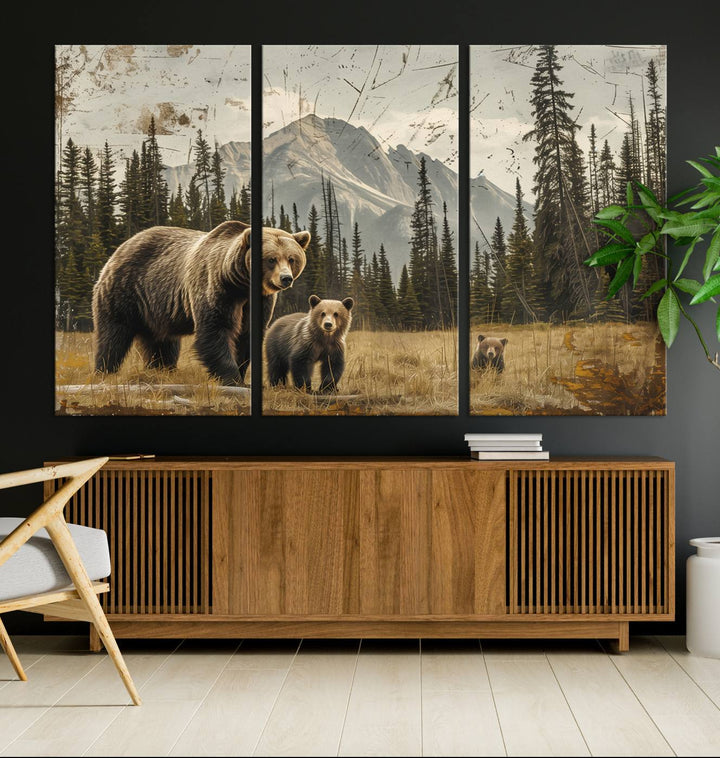 Displaying the Rustic Grizzly 399 Bear Family Wall Art Canvas Print in a modern living space adds remarkable charm. This triptych piece showcases a bear family in the forest, printed on museum-quality canvas and ready to hang, seamlessly enhancing your decor with its striking detail and elegance.