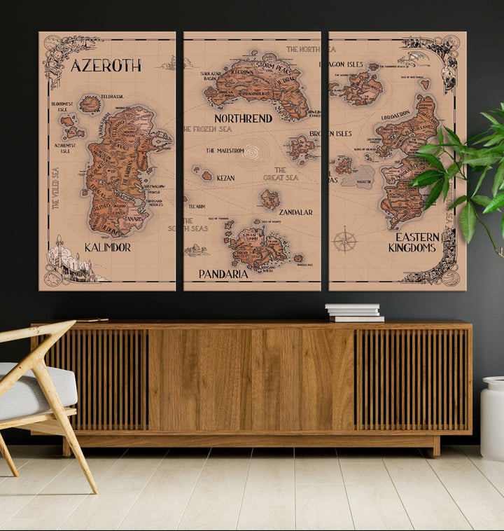 The Vintage Azeroth World Map Canvas Print, a stunning three-piece set, enhances the space with its vintage charm, perfectly complementing your gaming decor.