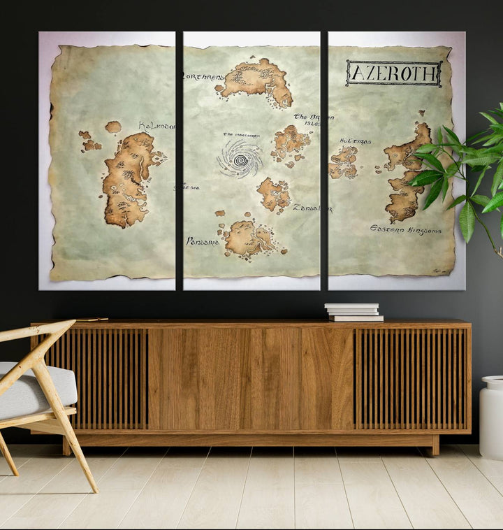 The Azeroth World Map Wall Art Canvas Print, a three-panel vintage piece, brings a cozy fantasy gaming atmosphere to the room.