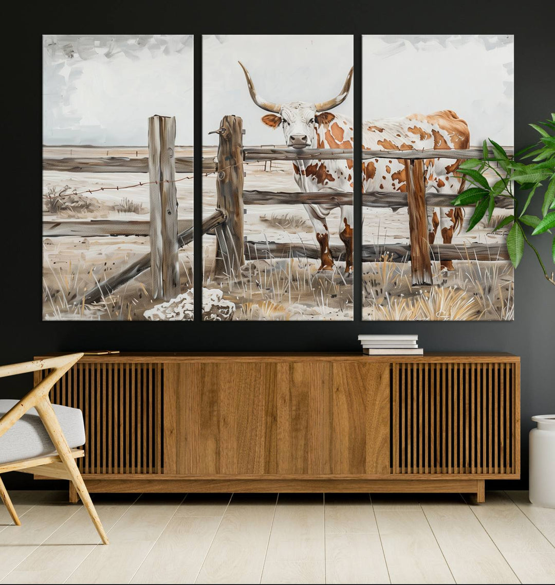 The Abstract Longhorn Cow Wall Art, a ready-to-hang framed canvas print, adds rustic charm and perfectly captures the essence of rural elegance.