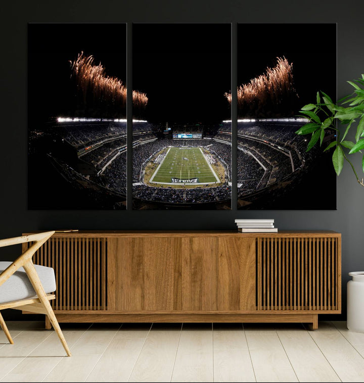 A stunning triptych wall art featuring the Philadelphia Eagles Football Team Print, capturing Lincoln Financial Field with spectacular fireworks.