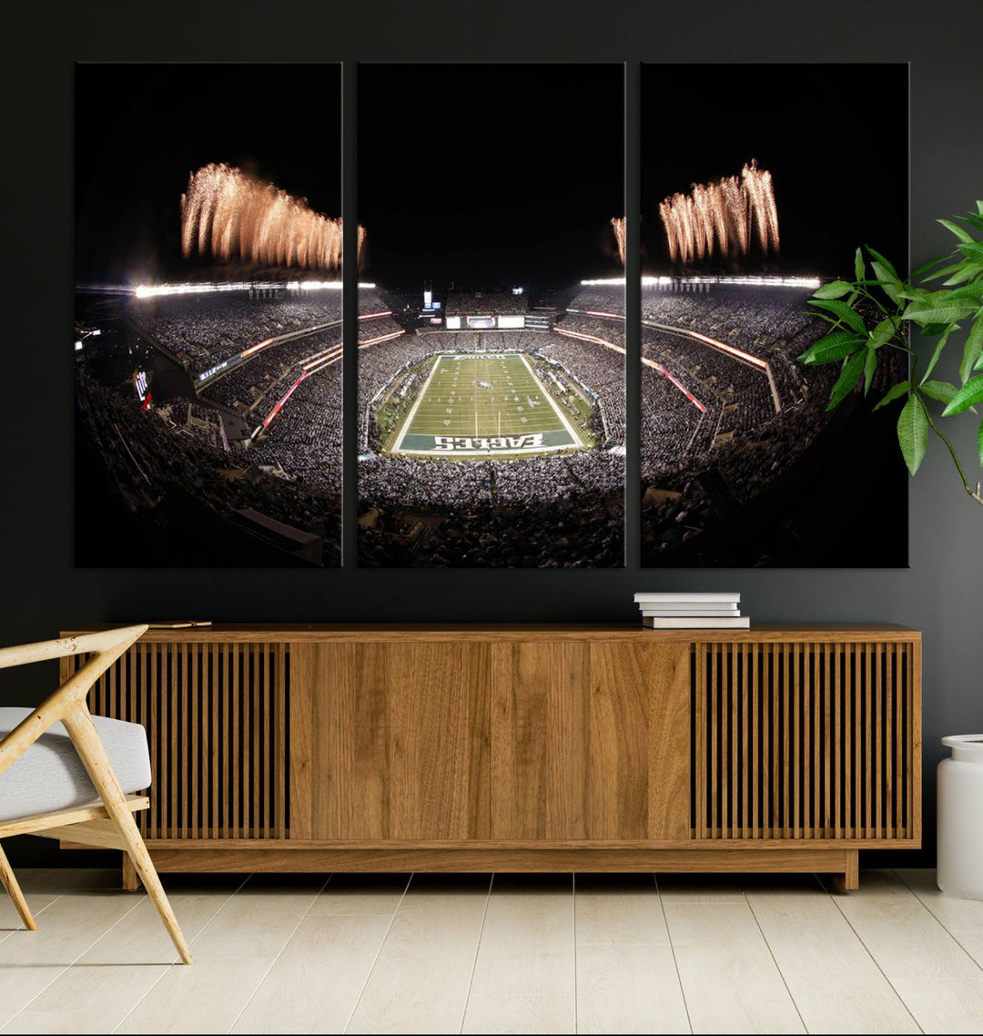 Experience the breathtaking Lincoln Financial Field Fireworks Game captured in this triple canvas wall art. A must-have for any Philadelphia Eagles fan!