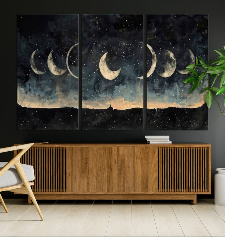 The "Phases of the Moon Wall Art," a framed canvas series capturing the celestial beauty of lunar cycles against a starry night, adds an elegant touch to the contemporary dining room.