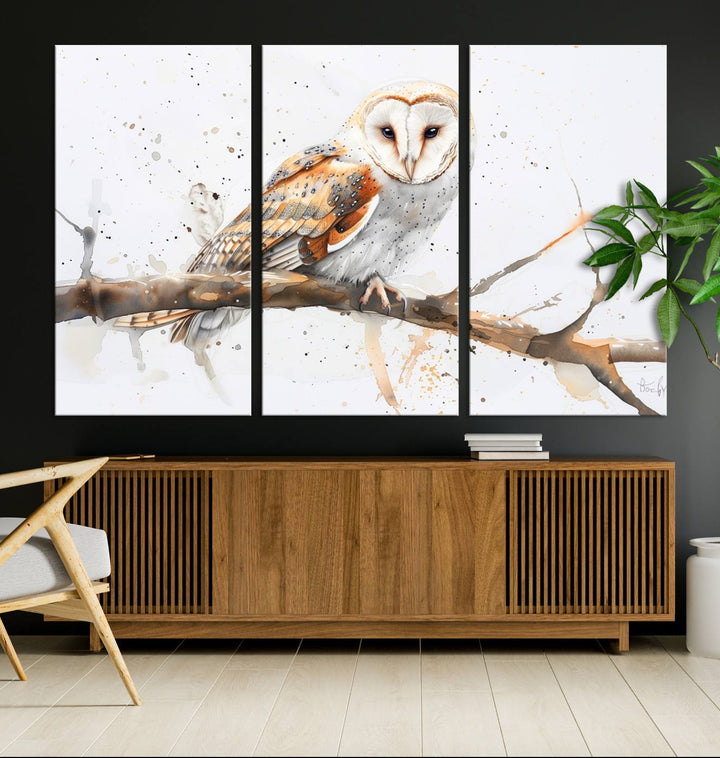 Introduce the tranquility of nature into your home with this stunning canvas print, featuring a Barn Owl on a branch. This triptych wall art, ready to hang and elegantly framed, is perfect for nature lovers seeking serene decor pieces.