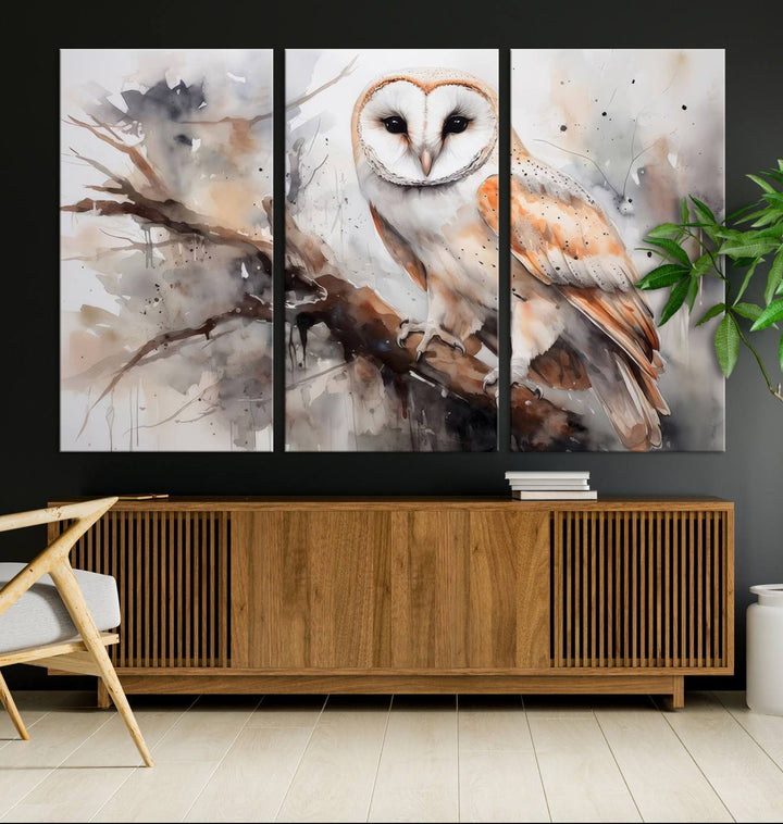 The Barn Owl Wall Art watercolor canvas adds a rustic twist to farmhouse decor.