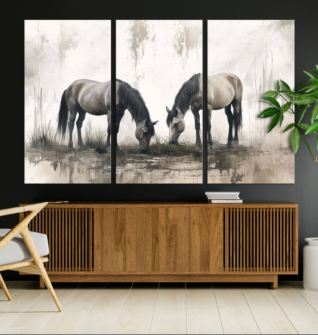 The Chinese Ink Style Vintage Horses Wall Art Canvas Print adds a touch of elegance above the sideboard, enhancing the modern living room.