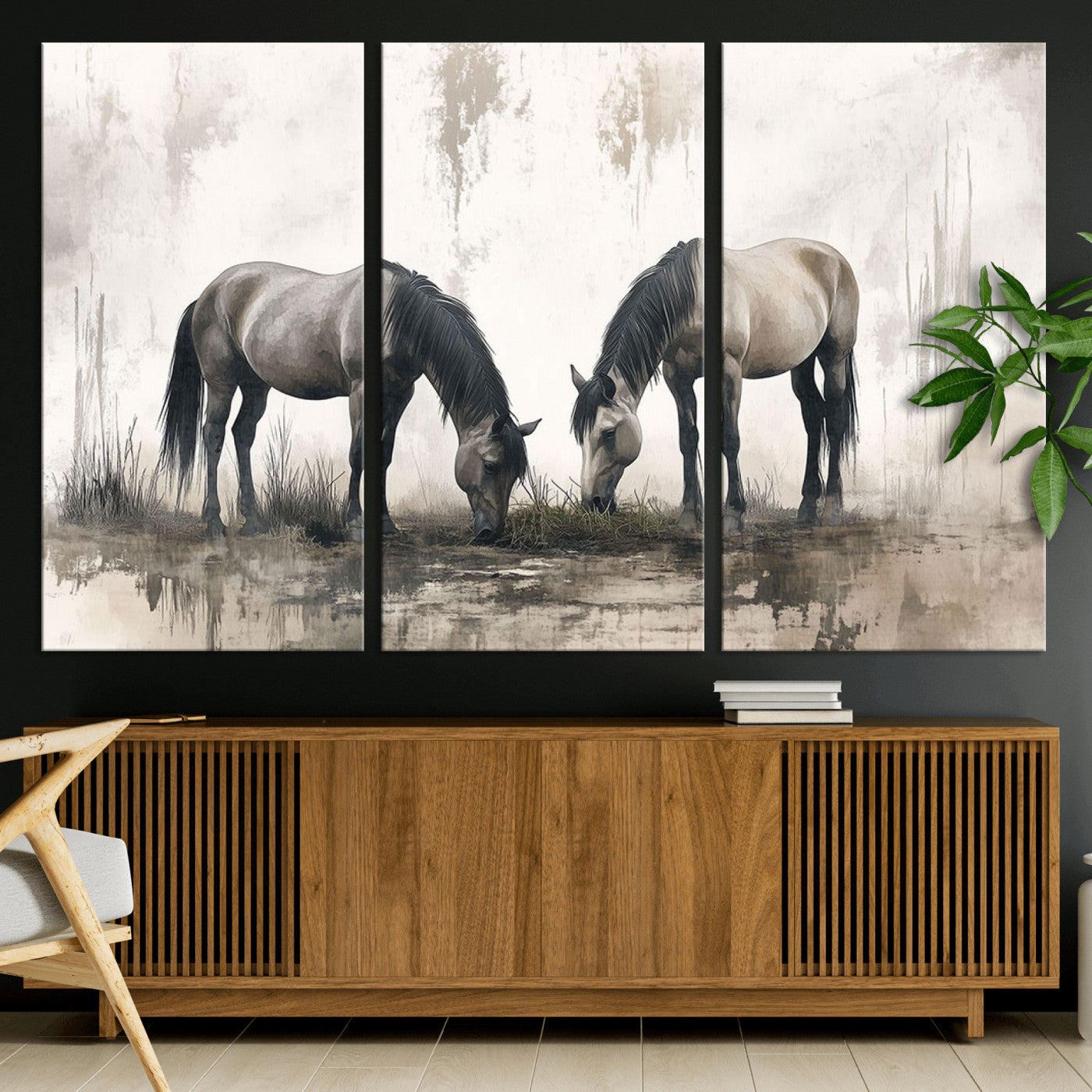 35494-MGV-CV-36X24-Chines Ink Style Vintage Horses Wall Art Canvas Print for Farmhouse Wall Decor