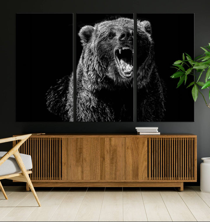 A striking Bear Canvas Print, perfect for cabin decor and ready to hang, is displayed in the modern living room, adding a touch of wildlife art to the sleek design.