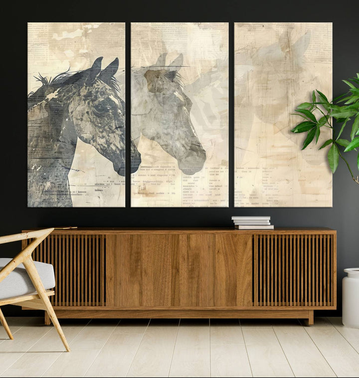 The Abstract Horse Canvas Print in muted tones, a modern farmhouse wall art piece that's ready to hang framed, elegantly decorates the space.