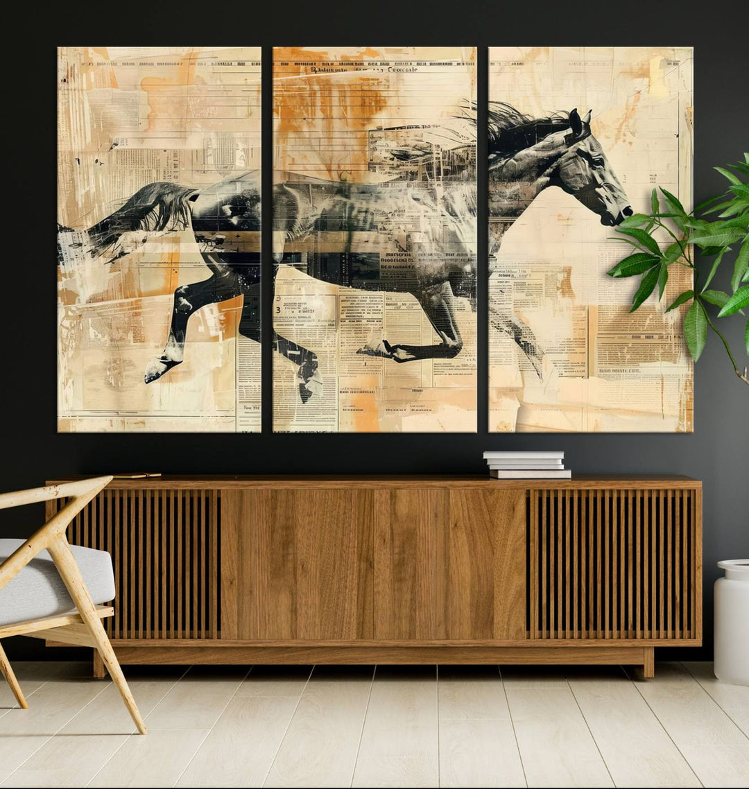 The Chinese Style Running Horse Western Wall Art, a vintage abstract ready-to-hang framed canvas print, is an ideal piece for rustic spaces. This farmhouse wall decor is beautifully enhanced against a dark wall.