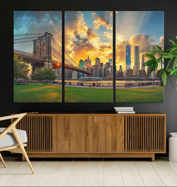 The "Brooklyn Bridge New York Skyline Wall Art" is a ready-to-hang framed canvas print that beautifully captures the cityscape at sunset, showcasing the iconic Brooklyn Bridge and majestic skyscrapers.