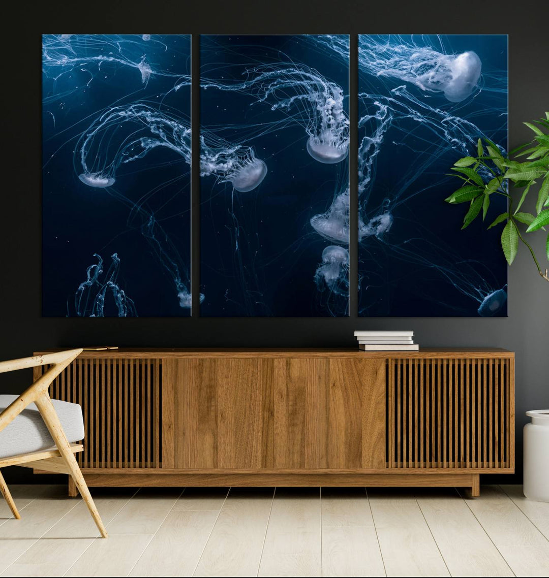 Room with modern decor, featuring the Abstract Jellyfish in Ocean Wall Art Canvas Print on museum-quality canvas.