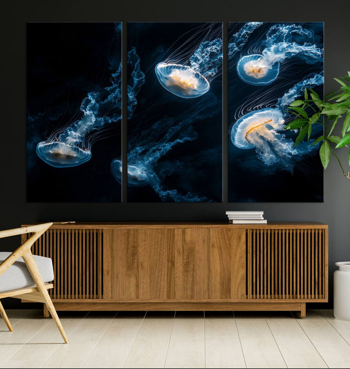 The "Jellyfish Wall Art Canvas Print," featuring a sea-themed design of glowing jellyfish, is displayed in high-resolution on museum-quality canvas.