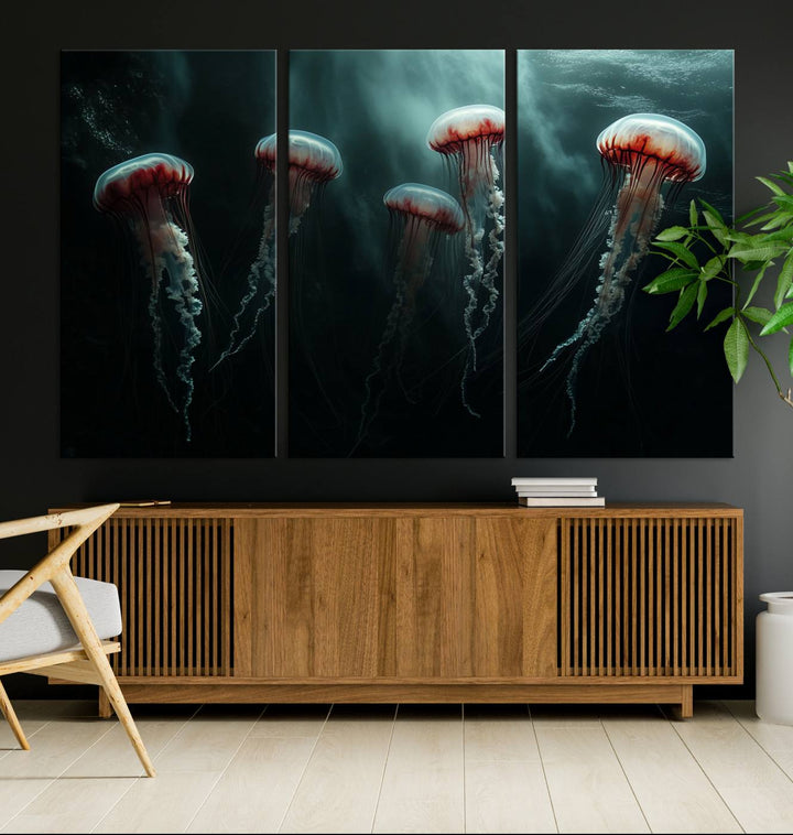 The Abstract Jellyfish Wall Art Canvas Print, framed in the USA and showcased on museum-quality canvas with high-resolution printing, adds a decorative touch to the space.