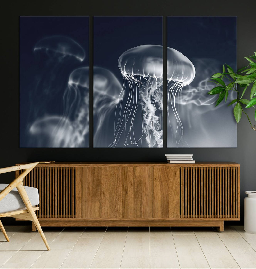 A stunning Jellyfish Wall Art Canvas Print showcases museum-quality canvas through high-resolution printing.