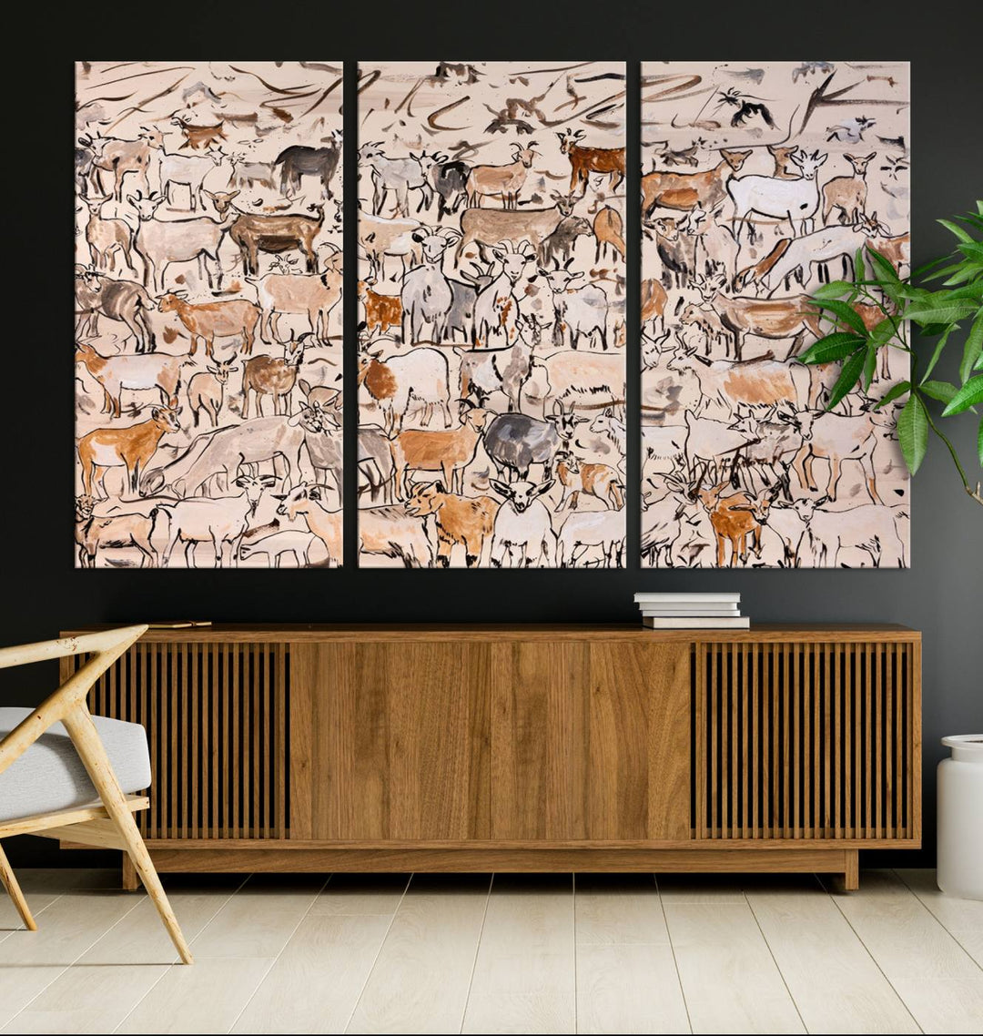 A triptych of "Goat Herd Wall Art," a ready-to-hang framed print featuring unique animal art, adorns the dark wall. Perfect as rustic cabin wall art, it adds beauty with its blend of rustic charm and contemporary design.