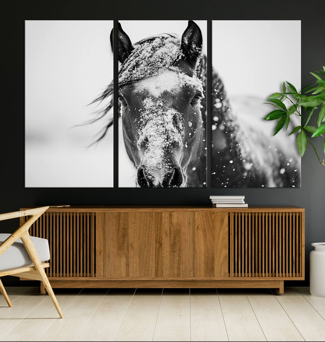 This black and white winter horse wall art enhances any decor; it is ready to hang and framed for a farmhouse or Western style.