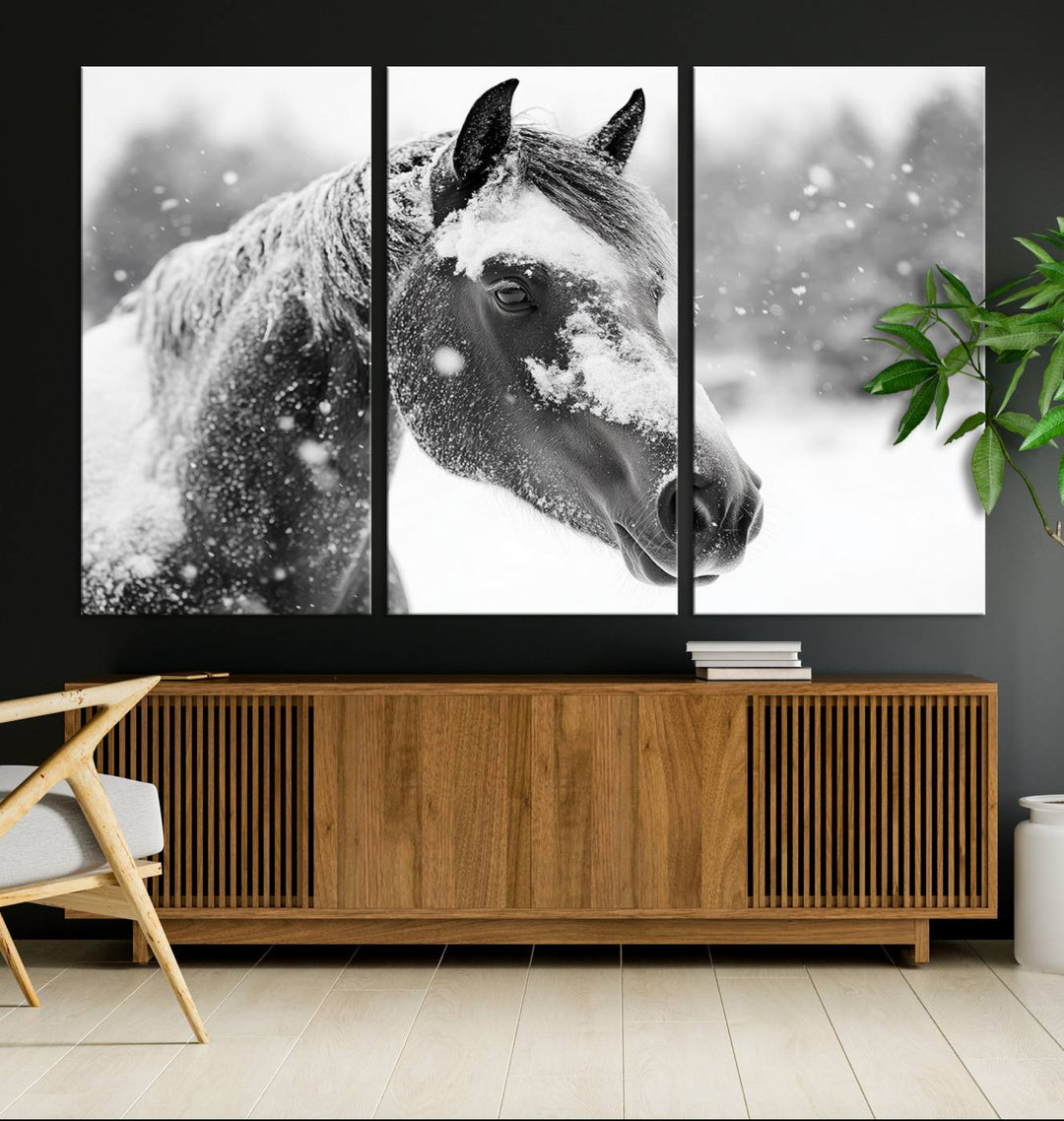 The Black Horse Winter Wall Art, framed and ready to hang, is beautifully displayed as farmhouse and western wall decor.