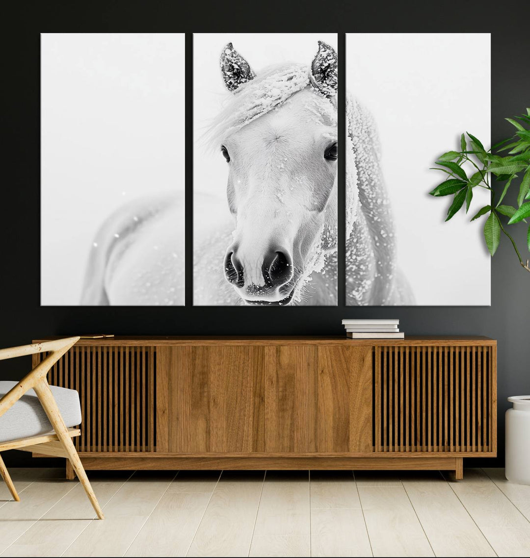 The dining room features the Majestic White Horse Wall Art, adding to its rustic charm.