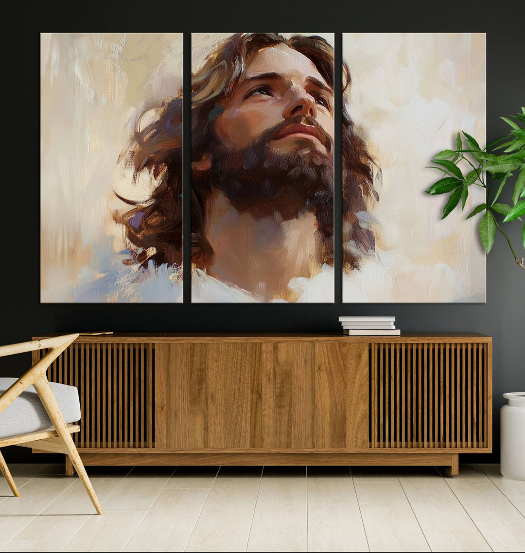 The "Jesus Christ Portrait Wall Art," a ready-to-hang and framed canvas print, features a bearded man with long hair looking upward, creating an inspirational spiritual atmosphere.