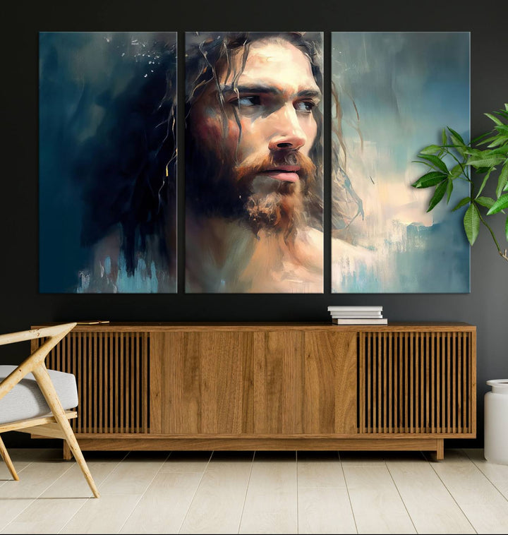 The Jesus Portrait Wall Art Canvas Print, featuring a depiction of a man with long hair and a beard, is showcased on a wooden wall. This Christian Wall Art is rendered on museum-quality canvas, highlighting the mastery of high-resolution printing in an oil painting style.