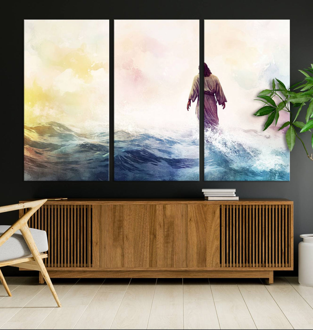 Watercolor Jesus Walking on Water Canvas Print, Christian Wall Art, Jesus Christ Walking