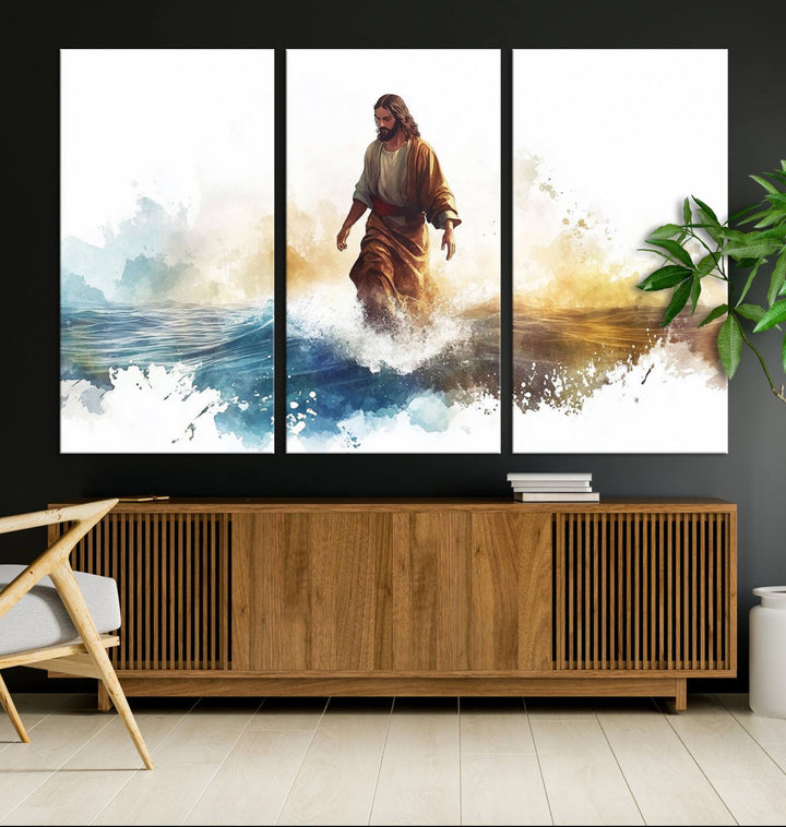 Watercolor Jesus Walking on Water Canvas Print, Christian Wall Art, Jesus Christ Walking