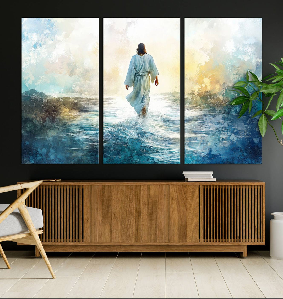 Watercolor Jesus Walking on Water Canvas Print, Christian Wall Art, Jesus Christ Walking