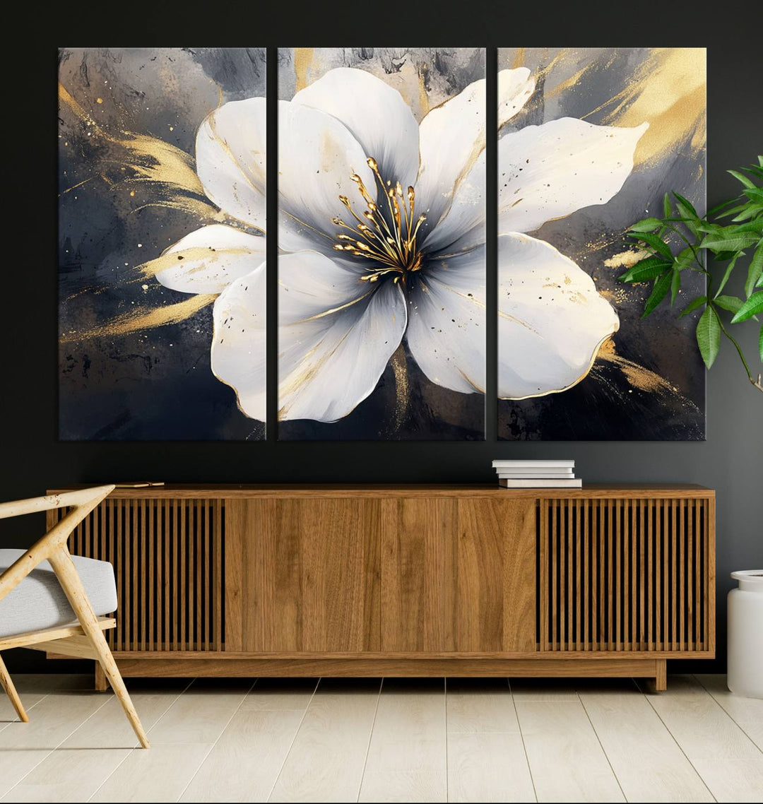 White Flower Wall Art | Canvas Print | Ready to Hang | Abstract Floral Wall Decor | Elegant Bloom Artwork | Framed for Living Room or Bedroom