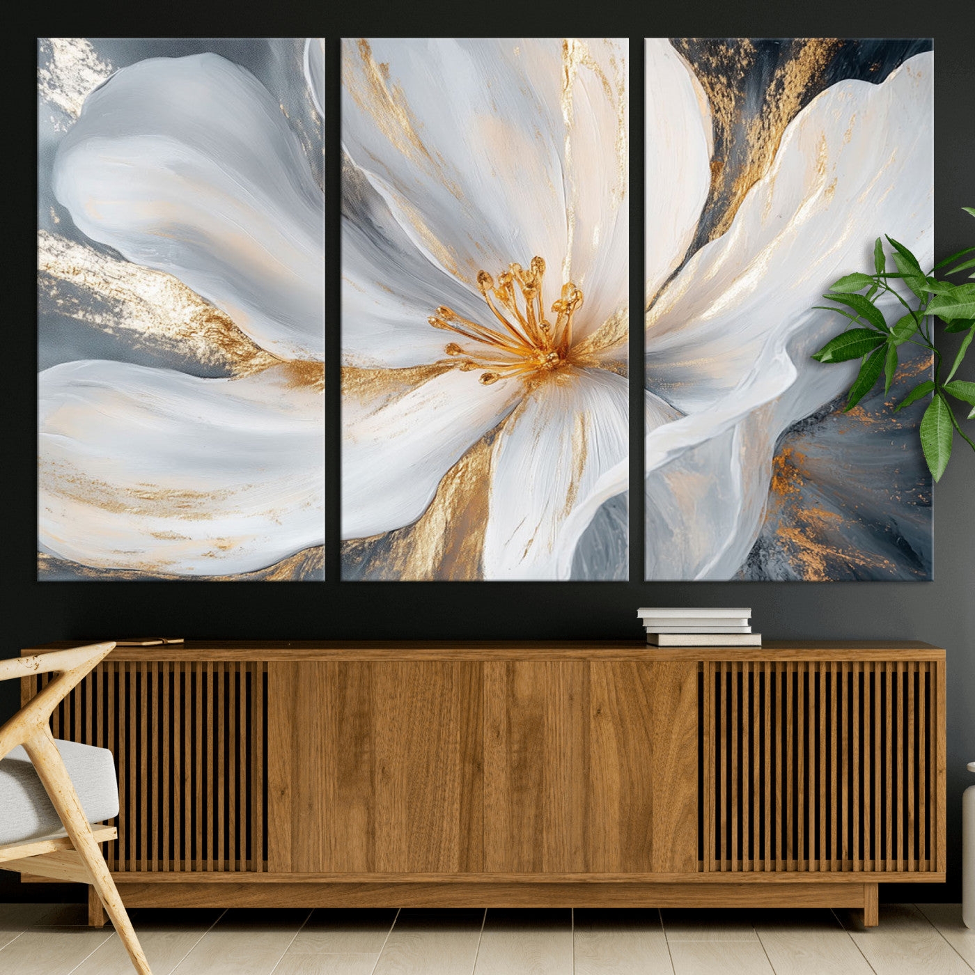 83149-MGV-CV-36X24-White and Gold Floral Canvas Wall Art - Framed and Ready to Hang - Perfect for Modern Living Rooms