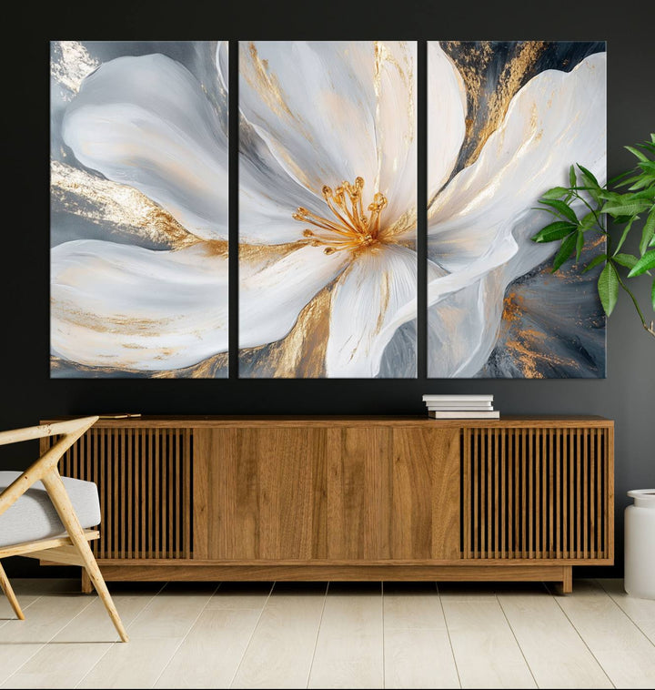 White and Gold Floral Canvas Wall Art - Framed and Ready to Hang - Perfect for Modern Living Rooms