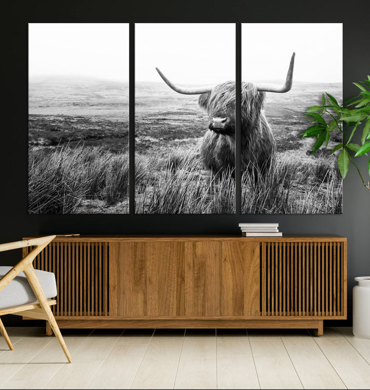 Scottish Highland Cow Wall Art | Black and White Canvas Print | Ready to Hang and Framed | Rustic Farmhouse Wall Decor for Living Room or Office