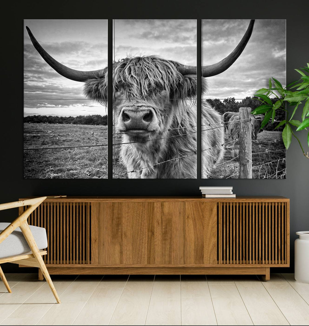 Scottish Highland Cow Wall Art Canvas Print | Ready to Hang and Framed | Rustic Farmhouse Decor