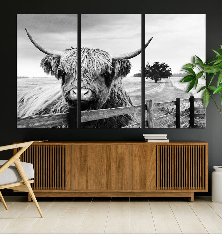 Scottish Highland Cow Wall Art | Rustic Farmhouse Décor | Black and White Ready to Hang Canvas Print