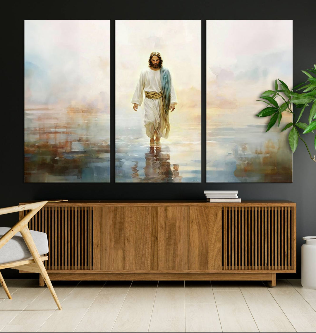 Framed Jesus Walking on Water Wall Art - 3-Panel Christian Canvas Prints, Religious Artwork, Ready to Hang Home Decor for Living Room, Office, or Church