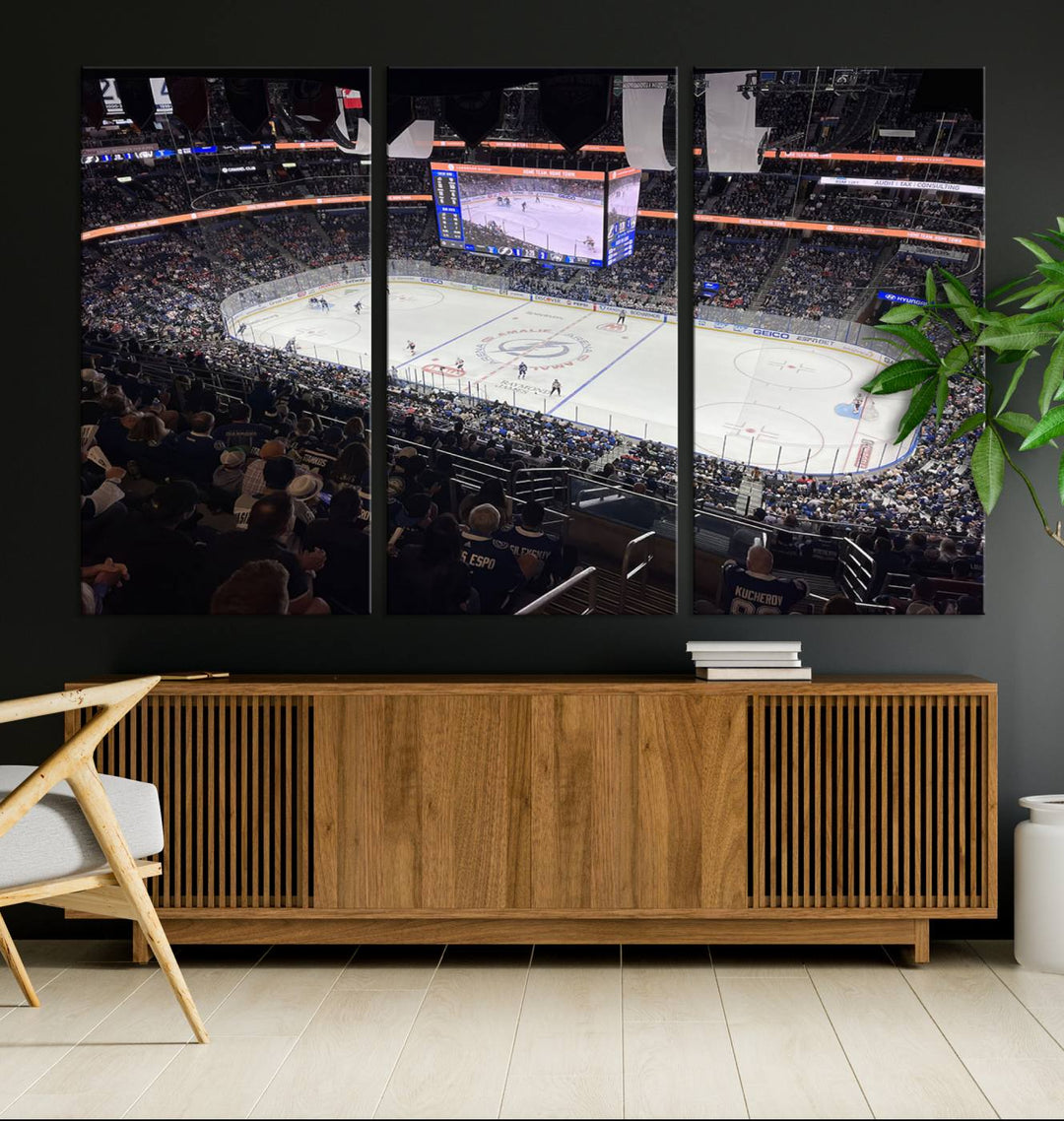 A wall art canvas of Amalie Arena, capturing NHL hockey in Florida.