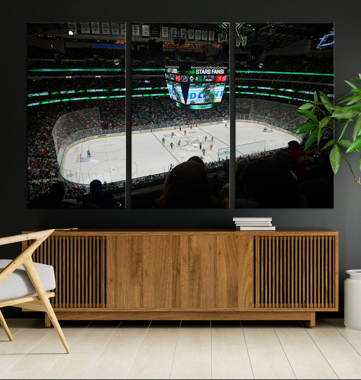 The Dallas Stars Wall Art Canvas Print is as clear as the scoreboard stats at a hockey game in a large arena with bright lights.