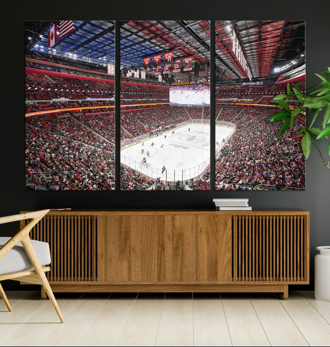 A Barton Malow canvas depicting Little Caesars Arena from above is beautifully printed in high resolution for your wall.